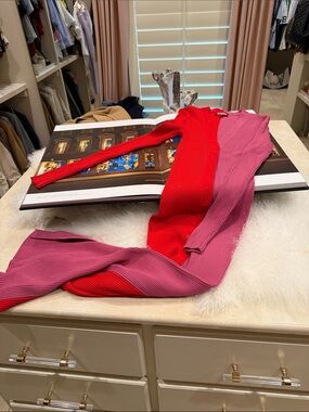 Two-Tone Ribbed Button-Up Maxi Staud Dress in Red and Pink